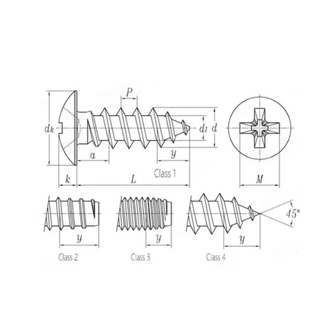 Technical drawing of 50 Piece Lot M4 X 20 Millimeter Phillips Cross Recessed Self Tapping Screws dimensions and details.