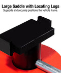 Sunex 1410 10-ton pin-type jack stand, front view; black saddle top, red base, silver pin