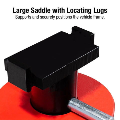 Sunex 1410 10-ton pin-type jack stand, front view; black saddle top, red base, silver pin