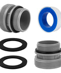 Hose Conversion Adapters Kit For Intex Coleman 4560 40mm To One And A Half Inch with two grey adapters, black O-rings, and blue Teflon tape.
