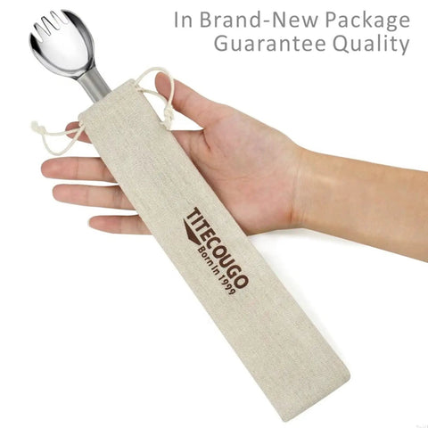 Hand holding Ultra Lightweight Titanium Spork Multitool For Camping And Outdoors Long Spork With Spoon And Fork Combo in pouch