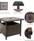 All Weather Wicker Patio Umbrella Stand Table 22 Inch Brown Rattan Garden Furniture with storage shelves, wood-like tabletop