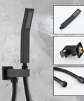 Matte Black Shower Faucet Set With 10 Inch Rain Shower Head, wall-mounted handheld spray, and hose on gray background