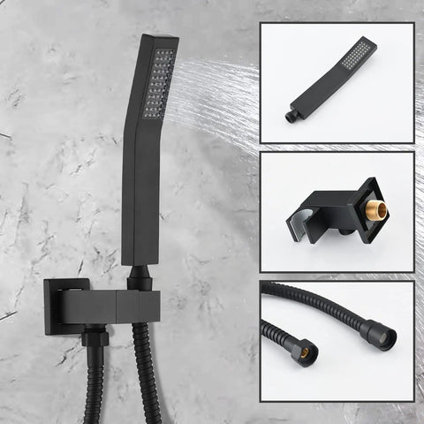 Matte Black Shower Faucet Set With 10 Inch Rain Shower Head, wall-mounted handheld spray, and hose on gray background