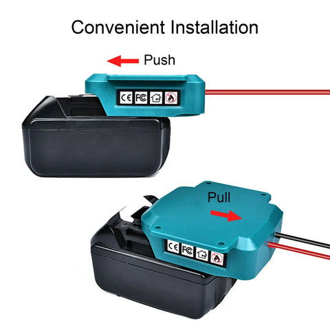 18V Battery Adapter Kit With Wire Harness And Connector Holder For BL1850 And BL1860 Batteries showing installation with push pull labels