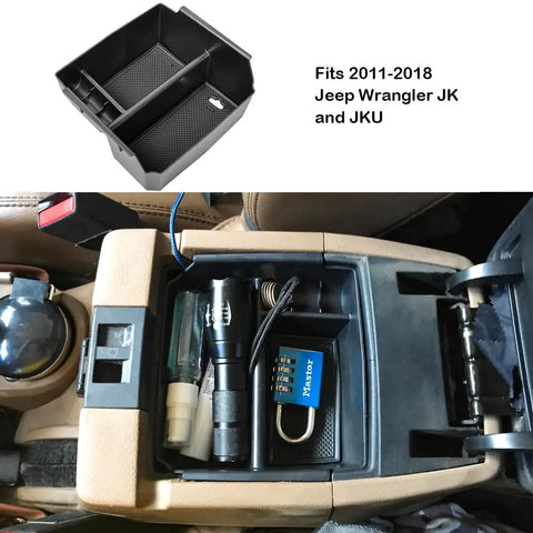 Center Console Organizer Tray For Jeep Wrangler JK And JKU 2011-2018 Not For JL Armrest Storage Box with gear neatly arranged.