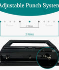 Workhorse Adjustable 3 Hole Punch for 30 Sheets with customizable punch settings, close-up of adjustment system, black metal