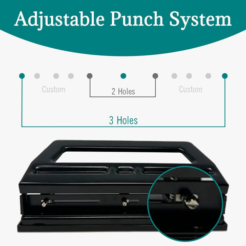 Workhorse Adjustable 3 Hole Punch for 30 Sheets with customizable punch settings, close-up of adjustment system, black metal