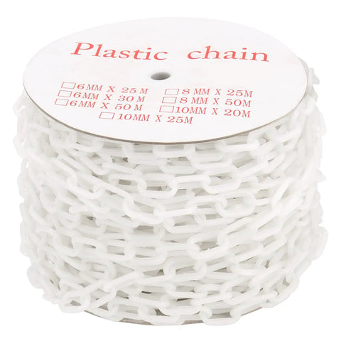 Lightweight White Plastic Safety Chain Links For Crowd Control, 164 Feet Durable Barrier Rope, 25m roll of weather-resistant plastic chain.