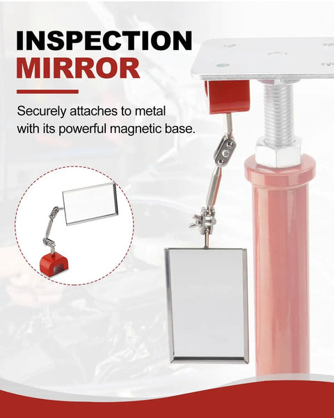 Inspection Welding Mirror With Magnetic Base And Adjustable Arm showing attachment to metal surface for auto mechanics.