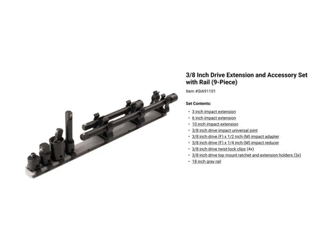 Versatile Seventeen Piece Impact Extension And Accessory Set With Rails And Tray for 3/8 inch drive extensions on gray rail.