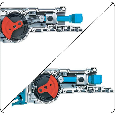 Cutaway view of internal components of 18V Cordless Reciprocating Saw Tool Only With Variable Speed Trigger And Tool Free Blade Change