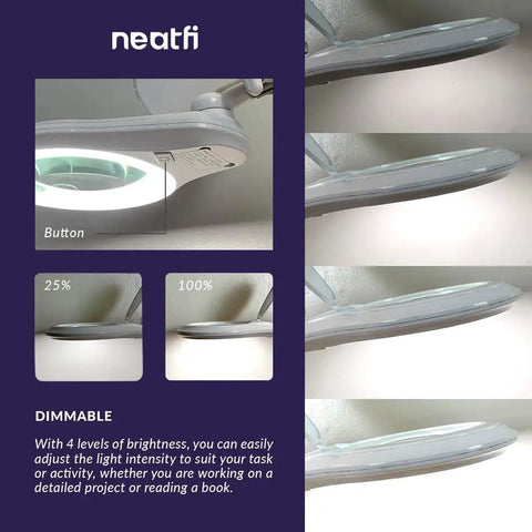 LED Bifocal Magnifying Lamp With 1,200 Lumens, Dual 2.25X And 6X Magnification dimmable light settings illustration