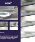 Close-up of LED Magnifying Lamp With Clamp, 1,200 Lumens, 5-Inch Glass Lens, dimmable light settings displayed at various angles