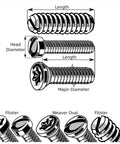 Heavy Duty Stainless Steel Slotted Machine Screws For Gun And Rifle Scopes, Size 6-40 By 1/2 Inch Fillister Head Optic Mount Hardware, Ten Pack Tactical Firearm Parts With Beefy Build And No Sweat Install For Rock Solid Scope Setup, showing dimensions and different screw head types.