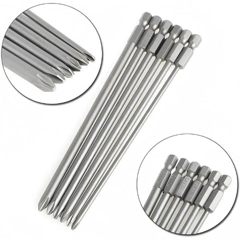 Six Piece One Quarter Inch Hex Shank Phillips Screwdriver Bits Set With Magnetic Cross Heads, long 5.9 inch, S2 alloy steel