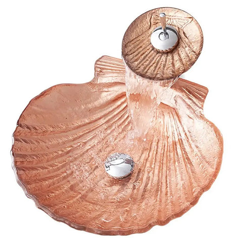 Artistic Bathroom Vessel Sink Shell Shaped Crystal Glass Wash Bowl Sink Counter Top Installation with faucet and pop-up drain.