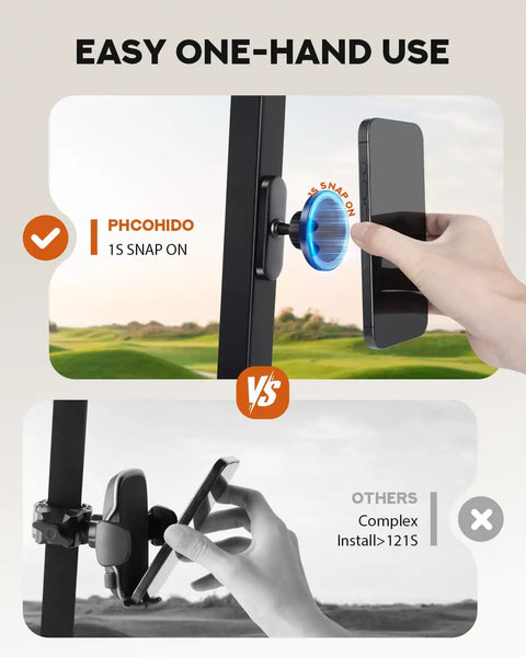 Comparison of Kickass Magnetic Golf Cart Phone Holder With MagSafe showing easy one-hand use and complex install options.