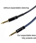 Comparison of two cables, one with 100 Ft Half Inch PET Expandable Braided Cable Sleeving Black Blue, showing protection and organization.