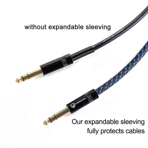 Comparison of two cables, one with 100 Ft Half Inch PET Expandable Braided Cable Sleeving Black Blue, showing protection and organization.