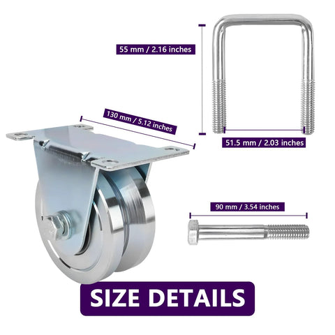 Heavy duty V-groove gate wheel with dimensions shown, ideal for sliding gates, supports up to 3000 lbs.