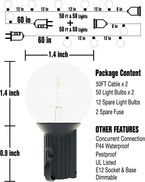 Diagram showing Two Pack 100Ft LED Outdoor String Lights With 104 Vintage G40 Bulbs, Dimmable, UL Listed And Waterproof features.