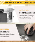 Close-up of Black Stainless Steel Drop In All In One Kitchen Sink Kit's 14-gauge steel thickness and brushed scratch-resistant finish.