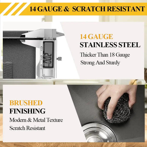 Close-up of Black Stainless Steel Drop In All In One Kitchen Sink Kit's 14-gauge steel thickness and brushed scratch-resistant finish.