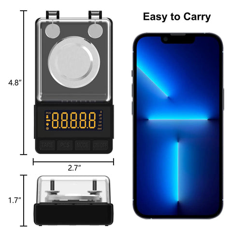 Ultra Precise 50g Digital Milligram Scale With 0.001g Readout For Reloading, Compact Black Powder Scale beside smartphone