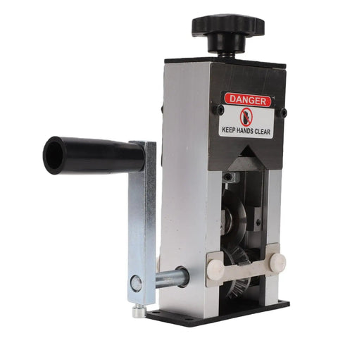 Yunseity Electric Drill Wire Stripper For Copper And Aluminum Cables, Hand Crank Tool With Adjustable Jaw 0.04 To One Inch Capacity, Portable Recycling Machine shown with crank handle and safety label.