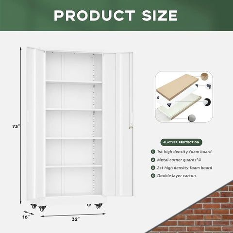 73 Inch Rolling Metal Storage Cabinet With Locking Doors And Adjustable Shelves Built Tough On Wheels For Home Garage Shop Or Workshop Rust Resistant White Finish Heavy Duty Steel With Large Capacity 32 Inch Wide 16 Inch Deep, front view