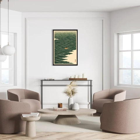 Black Framed Japanese Style Rowing Boat Ocean Waves Poster Canvas Print Art Vintage Minimalist Aesthetic Wall Decor