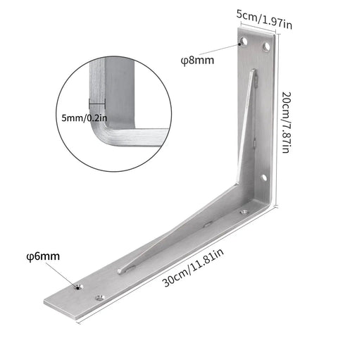 Heavy Duty Shelf Brackets 12x8x2 Inches, One Fifth Inch Thick Solid Stainless Steel L Brackets For Countertops And Bar Tops
