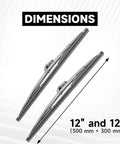 12 Inch Straight Shooter Stainless Steel Bayonet Wiper Blades Set Of Two showing dimensions of 12 inches each for classic cars.