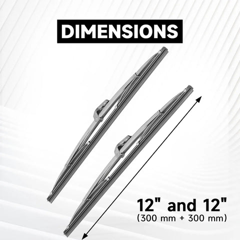 12 Inch Straight Shooter Stainless Steel Bayonet Wiper Blades Set Of Two showing dimensions of 12 inches each for classic cars.