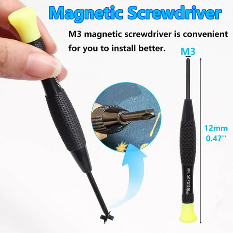Close-up of M3 magnetic screwdriver with yellow handle for precise installation