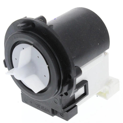 Front view of LG 4681EA2001T OEM drain pump assembly for LG washing machines; black housing, white impeller