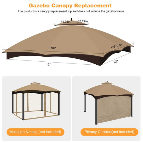 Replacement Canopy Top For 10x12 Gazebo With Double Tier Roof And Air Vent Heavy Duty Waterproof Khaki Cover diagram