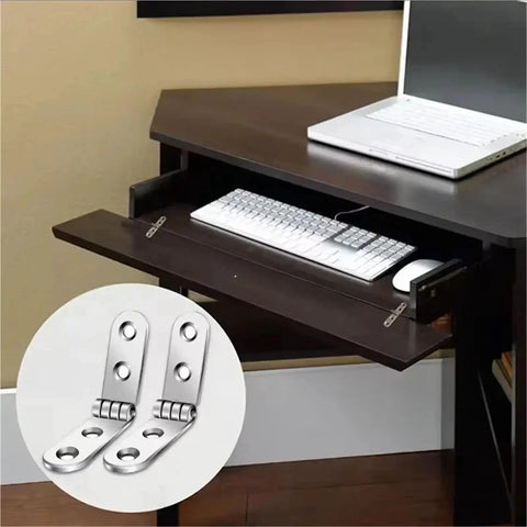 20 Pack 180 Degree Foldable Flap Hinges with screw-on mounts on brown desk, providing full opening and flush finish.