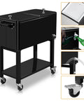 Portable Bar On Wheels With Ice Chest And Built In Shelf For Patio Parties And Backyard BBQs Rolling Cooler Cart With Wheels 80 Qt Beverage Station For Poolside Events Durable Iron And Plastic Construction Classic Black Finish