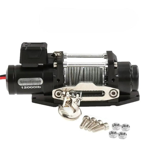 Heavy Duty Metal Electric Winch For Traxxas TRX4 SCX10 Defender RC Crawler, showcasing sealed gear train and mounting hardware.