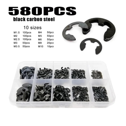 Must Have 580 Piece External Retaining Ring E Clip Circlip And Washer Kit In Black Carbon Steel With Beefy Durable Storage Case