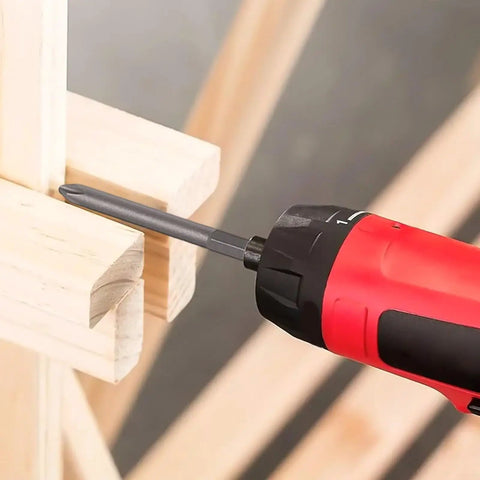 Check Out This Epic 50 Piece Extra Long Reach Screwdriver Bit Set That Nails Deep Recess Jobs In HVAC Auto And Electrical Repair While Handling High Torque Without Bending For Serious Impact Driver Pros. long magnetic screwdriver bit in red impact driver on wood