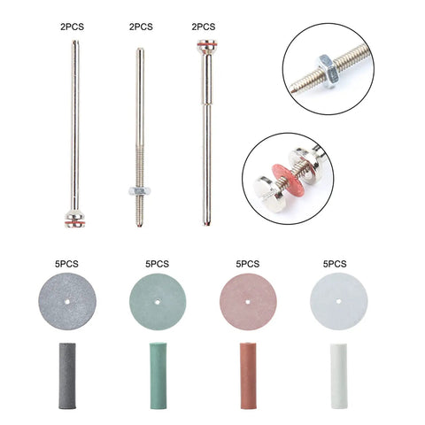 All In One Rotary Tool Polishing Wheels Kit Pro Grade with 6 mandrel shanks, 40 silicone buffing wheels in 4 colors, and 3 spindle handles