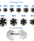Beefy 11 Piece UNC Hex Die Set For Rethreading Carbon Steel In Black Box With Handle Includes Screw Gauge Sizes One Quarter Inch