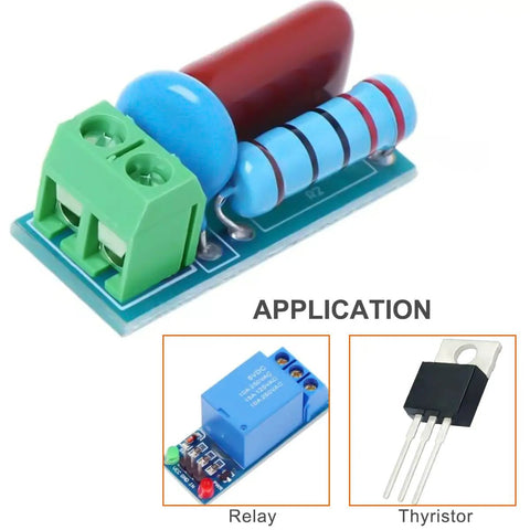 Five Pack Relay Snubber Module For AC Or DC 5 To 400 Volt Inductive Load Contact Protection Varistor Surge Absorber EMI shown