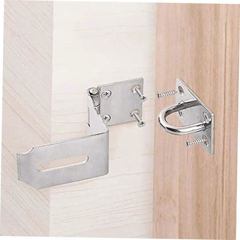 Heavy Duty 4 Inch Stainless Steel Barn Door Latch For Secure Pool Gate And Wooden Fence Install With Rock Solid 90 Degree Hasp Design. Close-up of latch and hardware.
