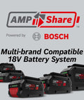 AMPShare multi-brand compatible 18V battery system featuring Bosch logos and interchangeable battery packs for power tools.