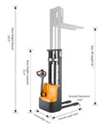 Fully Electric Pallet Stacker crushing 2640 pound loads like a badass workhorse with 98 inch max lift, dimensions shown.