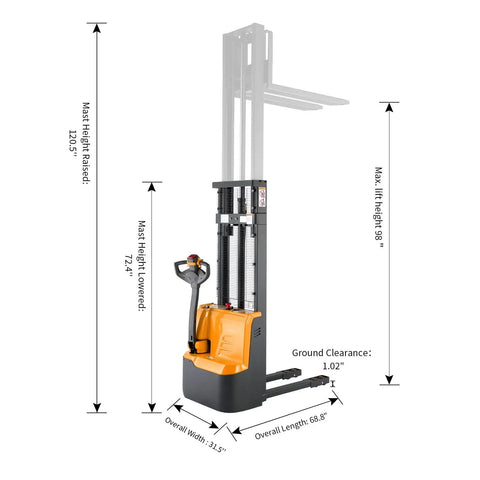 Fully Electric Pallet Stacker crushing 2640 pound loads like a badass workhorse with 98 inch max lift, dimensions shown.